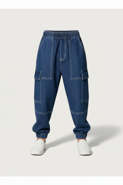 Pantalon Baggy Denim Bleu Ample Surpiqué Enfant - Jean - vue 3