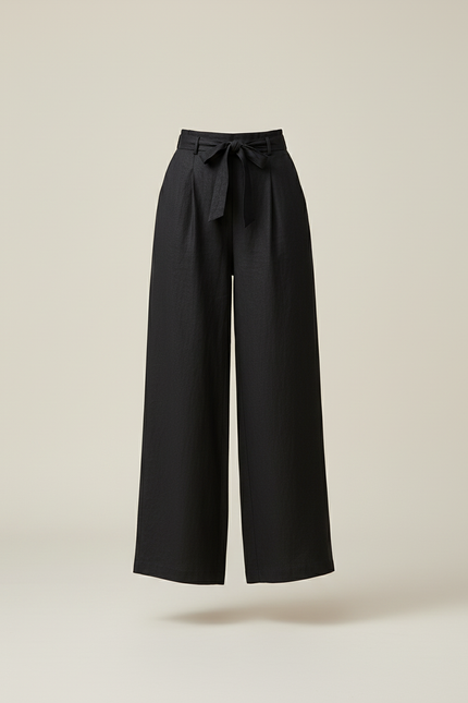 Pantalon Baggy Noir Lin Ample Taille Haute Fluide - vue 3
