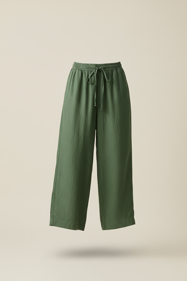 Pantalon Baggy Vert Lin Ample Fluide Taille Haute - vue 3
