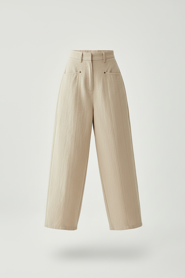 Pantalon Baggy Beige Ample Lin Taille Haute - vue 3