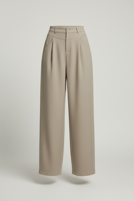 Pantalon Baggy Gris Clair Ample Droit Élégant Taille Haute - Kaki Gabardine - vue 3