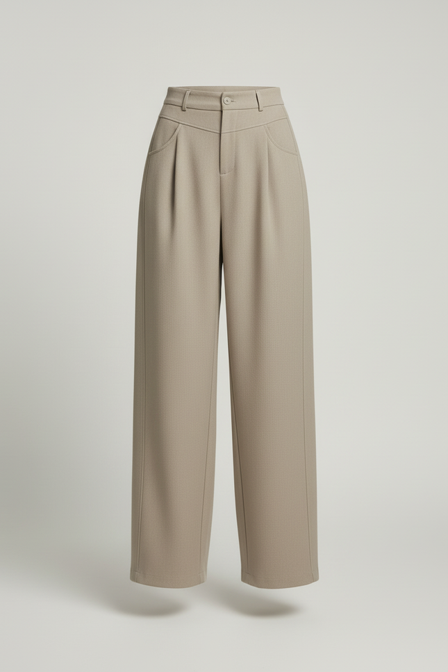 Pantalon Baggy Gris Clair Ample Droit Élégant Taille Haute - Kaki Gabardine - vue 3