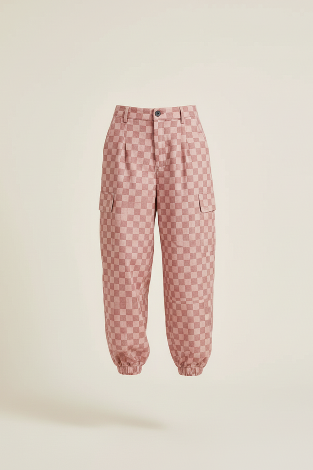 Pantalon Baggy Carreaux Roses Ample Confortable Élastiqué - Coton - vue 3