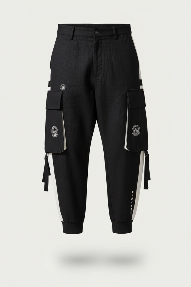 Pantalon Baggy Noir Cargo Bandes Blanches Décontracté Homme - Toile - vue 3
