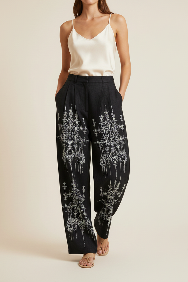 Pantalon Baggy Noir Brodé Ample Lin Femme - vue 3