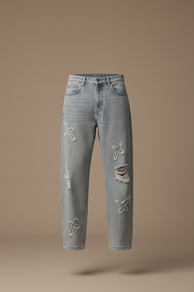 Pantalon Baggy Jean Bleu Délavé Croix Déchiré - vue 3