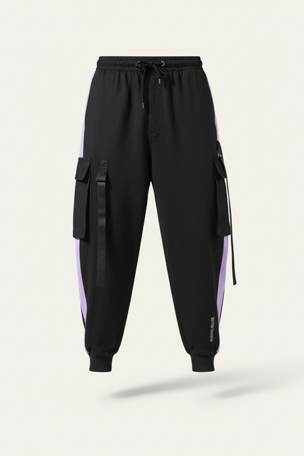 Pantalon Baggy Noir Cargo Bandes Violettes Décontracté Homme - Molleton - vue 3