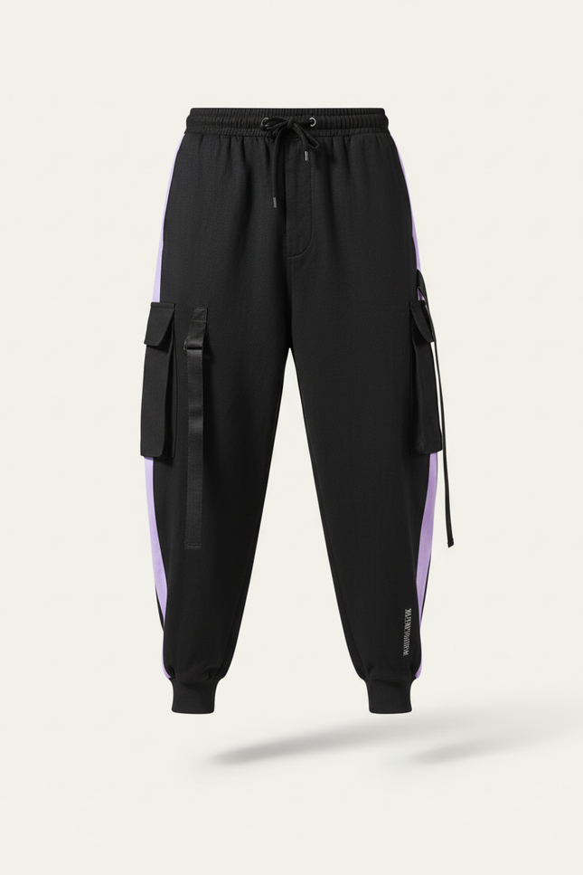 Pantalon Baggy Noir Cargo Bandes Violettes Décontracté Homme - Molleton - vue 3