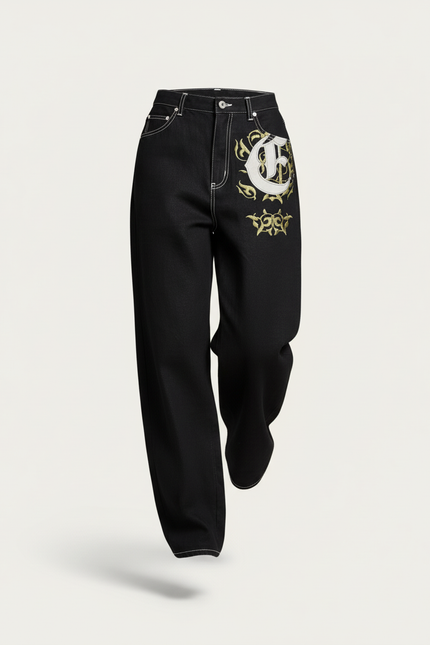 Pantalon Baggy Noir Brodé Ample Streetwear Femme - Jean - vue 3