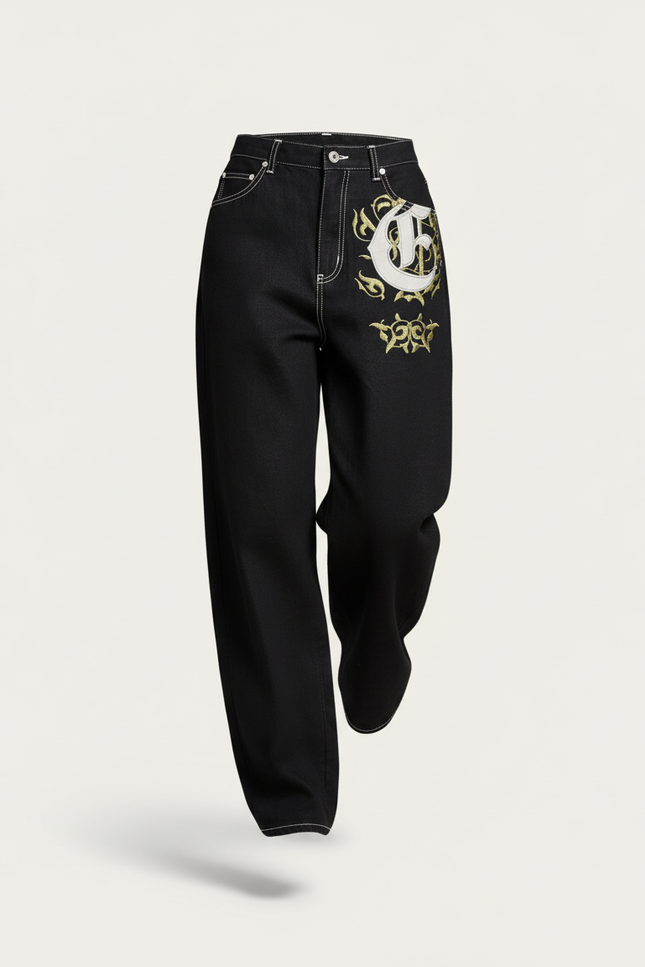 Pantalon Baggy Noir Brodé Ample Streetwear Femme - Jean - vue 3