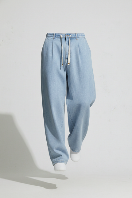 Pantalon Baggy Jean Bleu Clair Ample Streetwear Cordon - vue 3