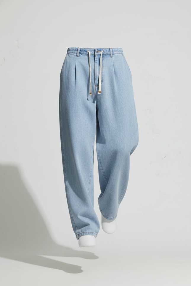 Pantalon Baggy Jean Bleu Clair Ample Streetwear Cordon - vue 3