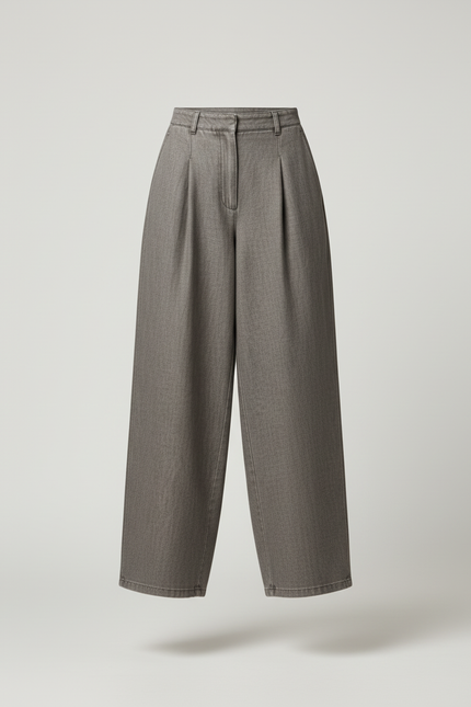 Pantalon Baggy Gris Plissé Ample Taille Haute - Gabardine - vue 3