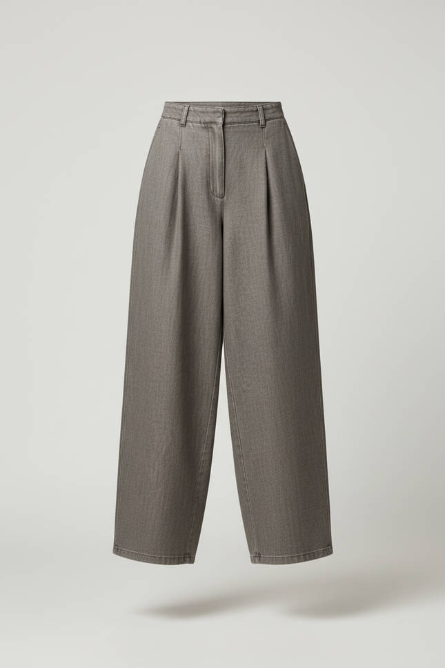 Pantalon Baggy Gris Plissé Ample Taille Haute - Gabardine - vue 3