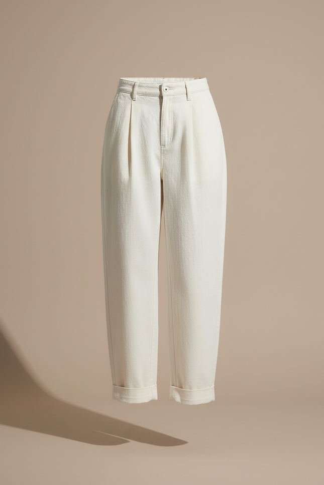 Pantalon Baggy Crème Ample Plissé Taille Haute - Beige Jean - vue 3