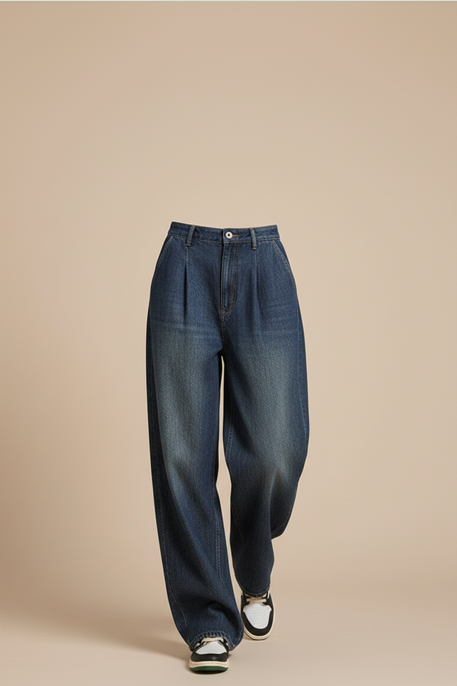 Pantalon Baggy Denim Bleu Ample Plissé Femme - Jean - vue 3