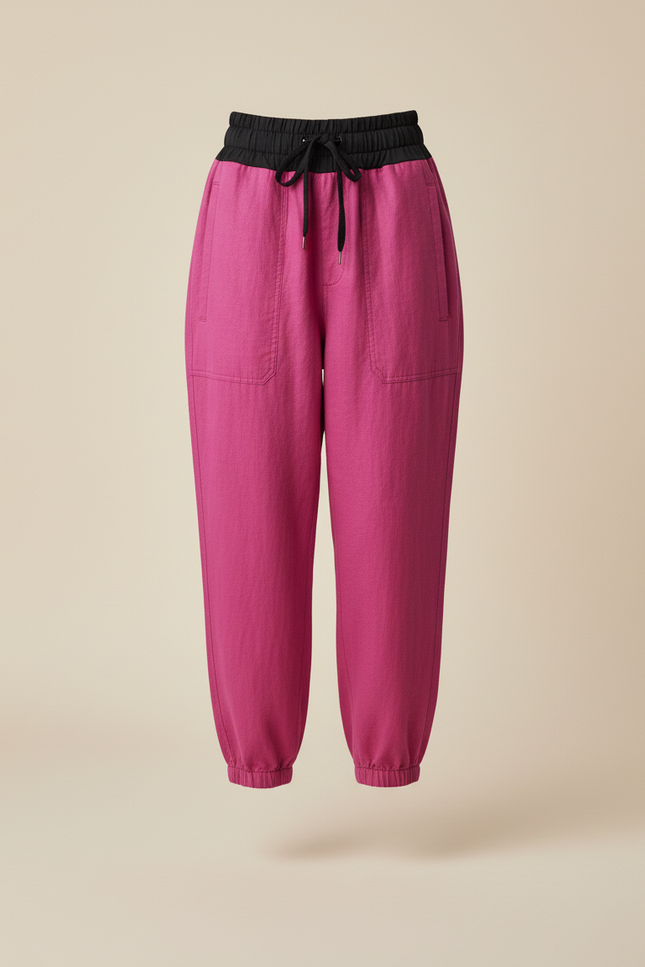 Pantalon Baggy Fuchsia Lin Ample Élastiqué Décontracté - Rose - vue 3