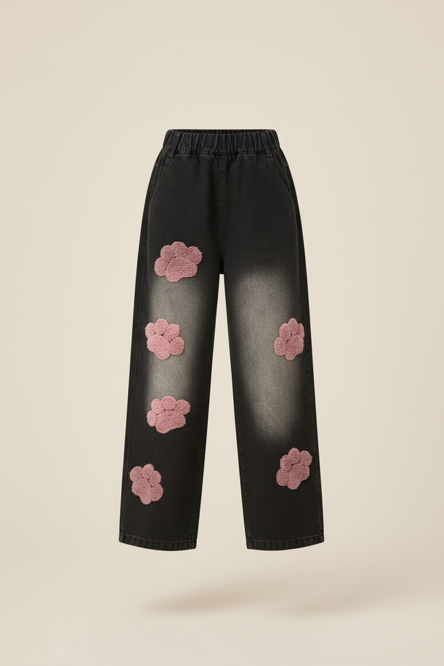 Pantalon Baggy Denim Noir Brodé Fleurs Ample Fille - Jean - vue 3
