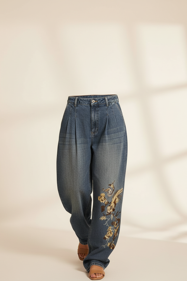 Pantalon Baggy Jean Bleu Brodé Ample Décontracté - vue 3
