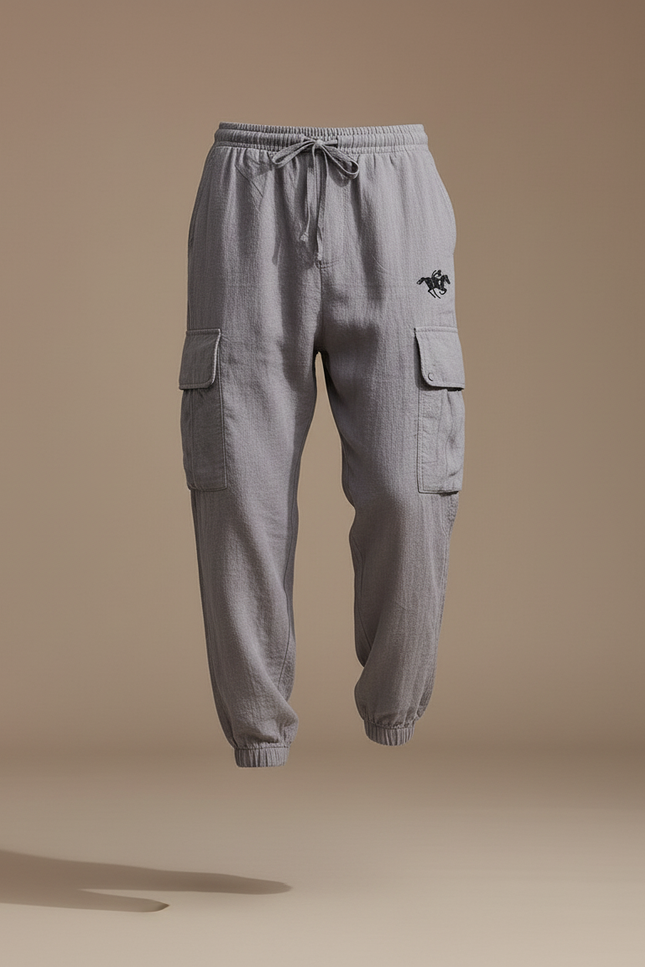 Pantalon Baggy Gris Lin Cargo Ample Cordon Homme - vue 3