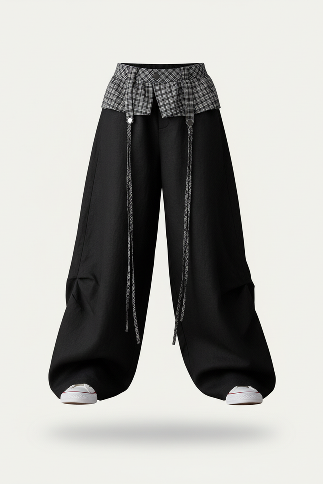 Pantalon Baggy Noir Ample Plaid Fille - Toile - vue 3