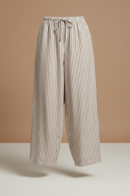 Pantalon Baggy Rayé Fluide Cordon Femme - Kaki Lin - vue 3