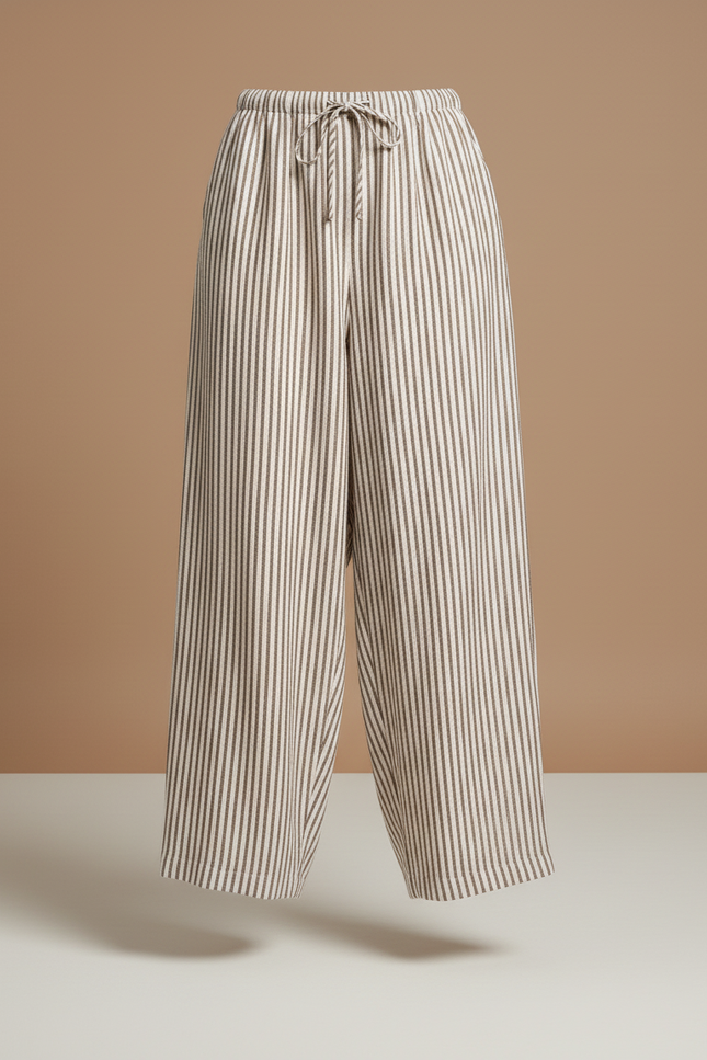 Pantalon Baggy Rayé Fluide Cordon Femme - Kaki Lin - vue 3