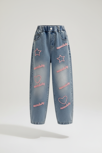 Pantalon Baggy Jean Bleu Brodé Étoiles Cœurs Enfant - vue 3