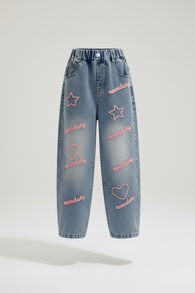 Pantalon Baggy Jean Bleu Brodé Étoiles Cœurs Enfant - vue 3