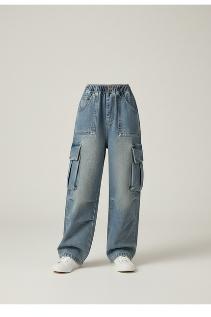 Pantalon Baggy Jean Bleu Clair Cargo Ample Enfant - vue 3