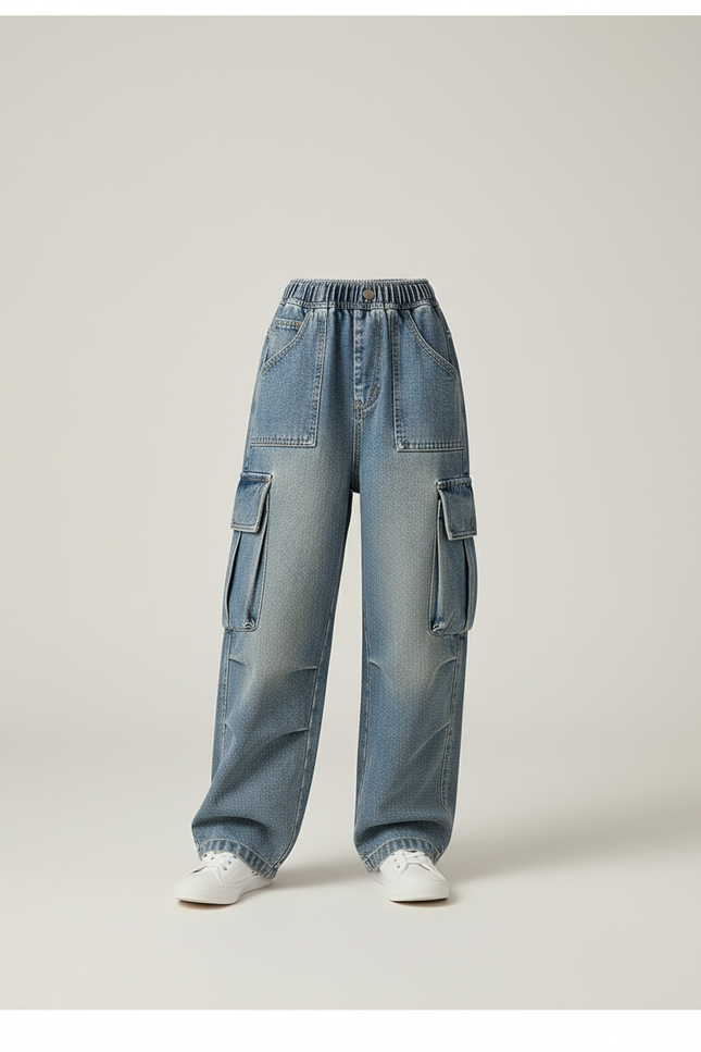 Pantalon Baggy Jean Bleu Clair Cargo Ample Enfant - vue 3