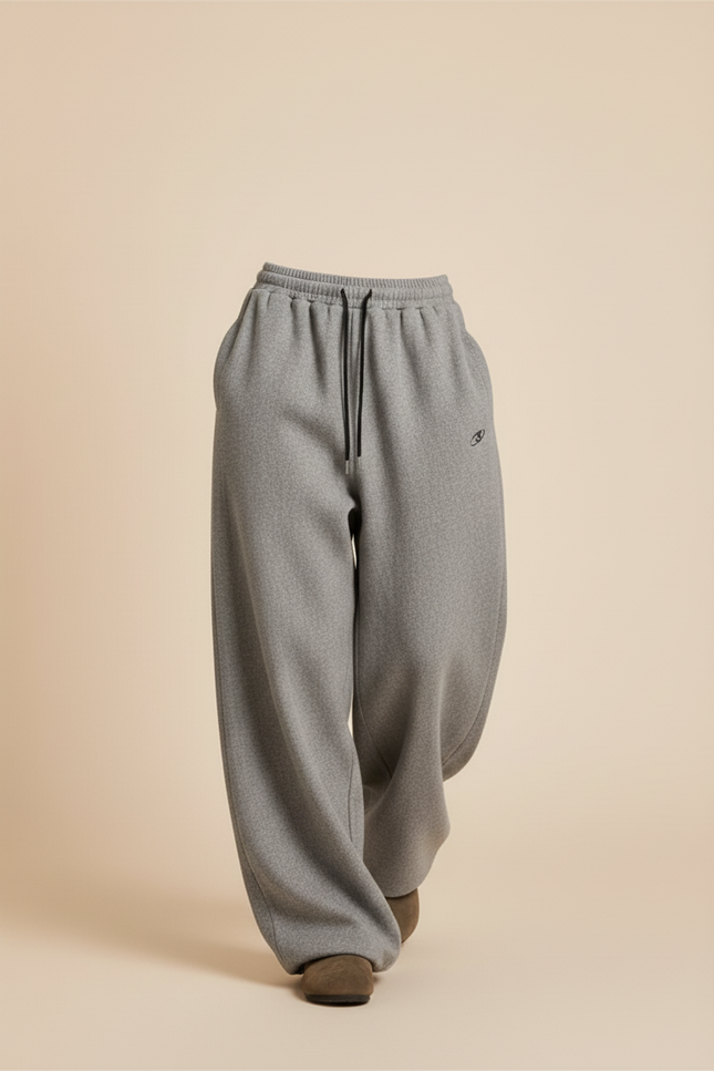 Pantalon Baggy Gris Ample Molleton Brodé Confortable - vue 3