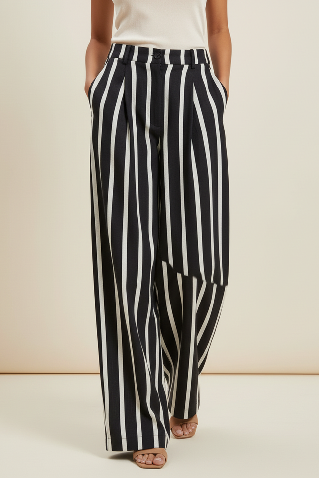 Pantalon Baggy Noir Rayé Blanc Ample Fluide Élégant - Lin - vue 3
