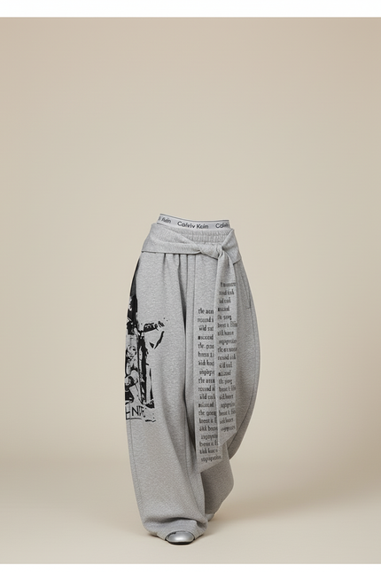 Pantalon Baggy Gris Ample Molleton Imprimé Graphique - vue 3