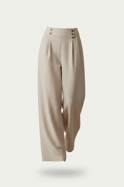Pantalon Baggy Beige Lin Plissé Ample Boutons - vue 3