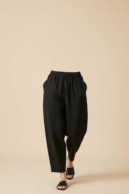 Pantalon Baggy Noir Lin Ample Taille Élastique Femme - vue 3