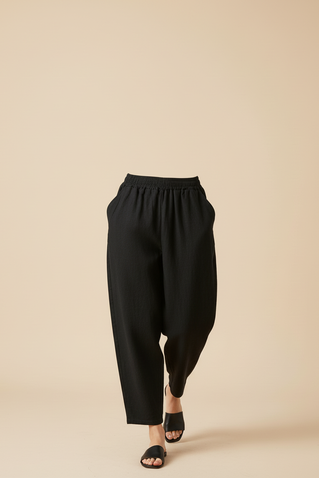 Pantalon Baggy Noir Lin Ample Taille Élastique Femme - vue 3