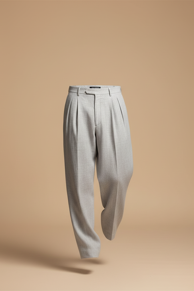 Pantalon Baggy Gris Clair Plissé Ample Élégant Homme - Laine - vue 3