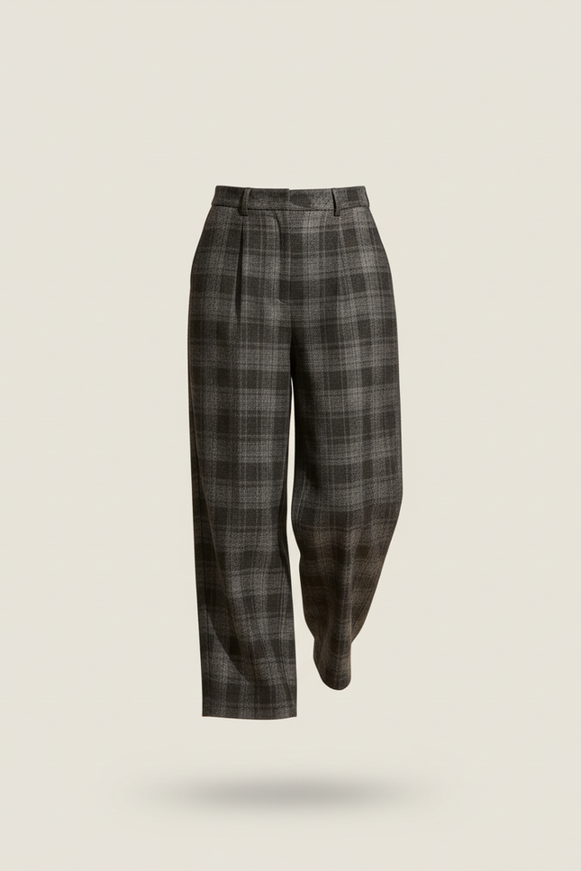 Pantalon Baggy Carreaux Laine Ample Décontracté Chaud - Gris - vue 3