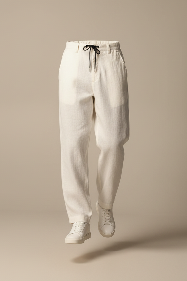 Pantalon Baggy Lin Blanc Cordon Fluide Décontracté Homme - vue 3