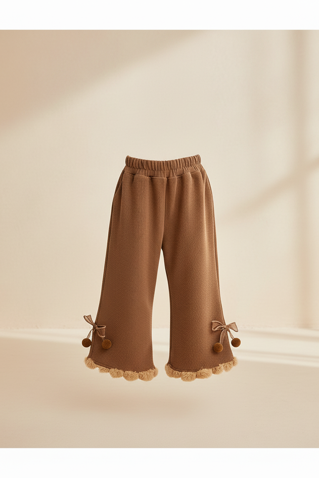Pantalon Baggy Marron Évasé Pompons Velours Fille - vue 3