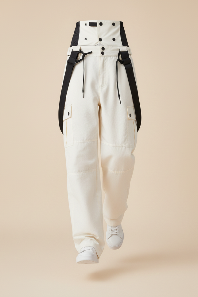 Pantalon Baggy Blanc Cargo Taille Haute Décontracté - Toile - vue 3