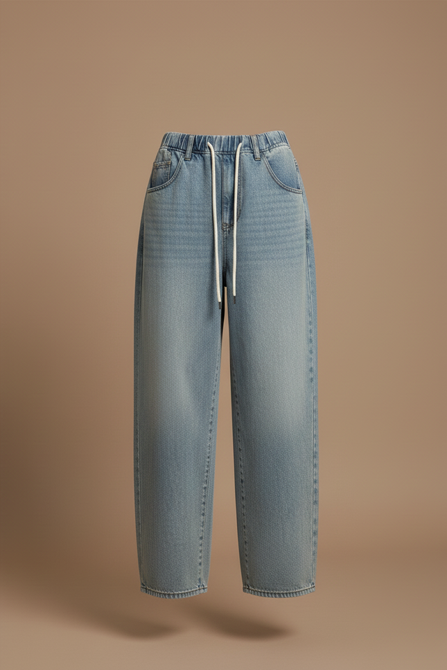 Pantalon Baggy Jean Bleu Délavé Ample Cordon Décontracté - vue 3