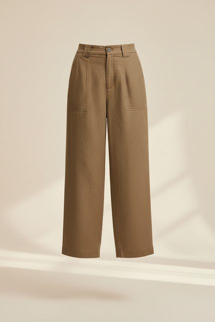 Pantalon Baggy Marron Ample Taille Haute Fluide - Kaki Toile - vue 3