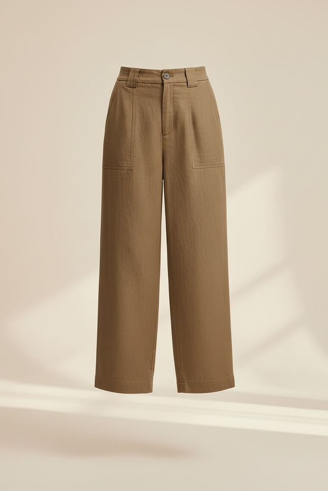Pantalon Baggy Marron Ample Taille Haute Fluide - Kaki Toile - vue 3