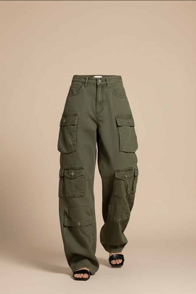 Pantalon Baggy Vert Kaki Cargo Multi-poches Ample Femme - Toile - vue 3