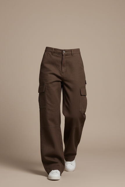 Pantalon Baggy Marron Cargo Décontracté Taille Haute - Toile - vue 3