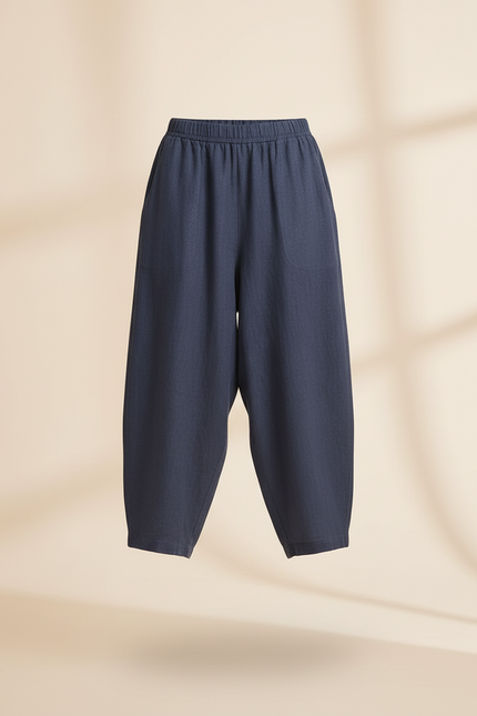 Pantalon Baggy Bleu Marine Ample Lin Décontracté - vue 3