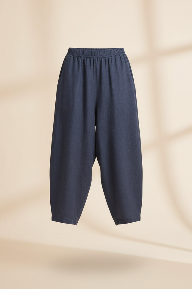 Pantalon Baggy Bleu Marine Ample Lin Décontracté - vue 3