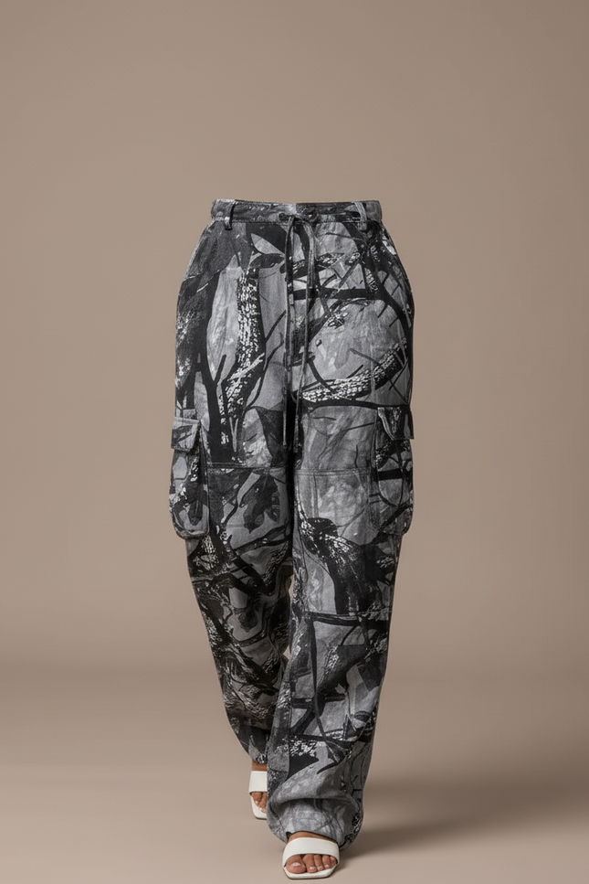 Pantalon Baggy Camouflage Gris Cargo Ample Femme Y2K - Toile - vue 3